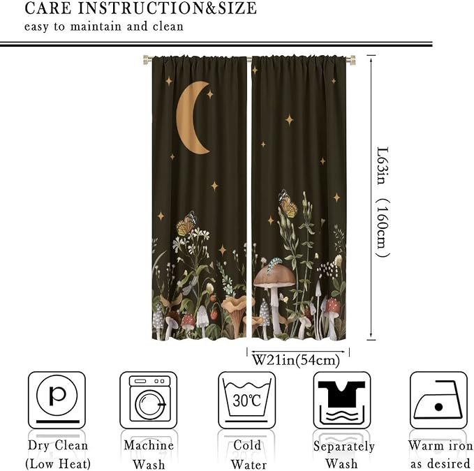Wild Mushroom Blackout Curtains,Retro Floral Plants Boho Moon Star Window Drapes,Butterfly Botanical for Living Room Kitchen Bedroom,Black Background 42x63in