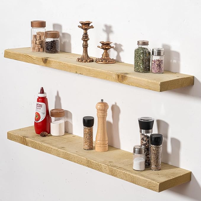 Fun Memories 36 Inch Reclaimed Wood Floating Shelves for Wall, 8 Inch Deep Heavy Duty Rustic Wooden Shelf with Invisible Brackets for Fireplace, Kitchen & Coffee Bar, Natural