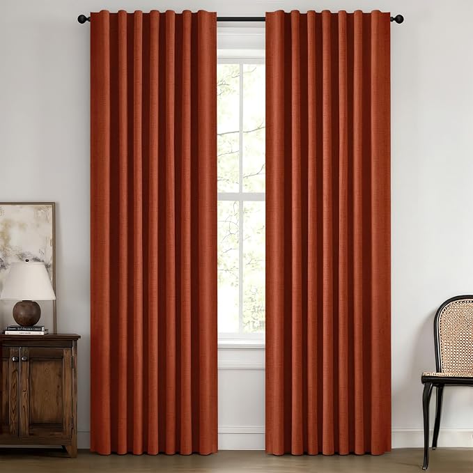 MIULEE 100% Blackout Linen Curtains for Bedroom, Burnt Orange Solid Luxury Decor Thermal Insulation Room Darkening Drapes for Living Room Back Tab Rod Pocket 42 x 84 Inches, 2 Panels