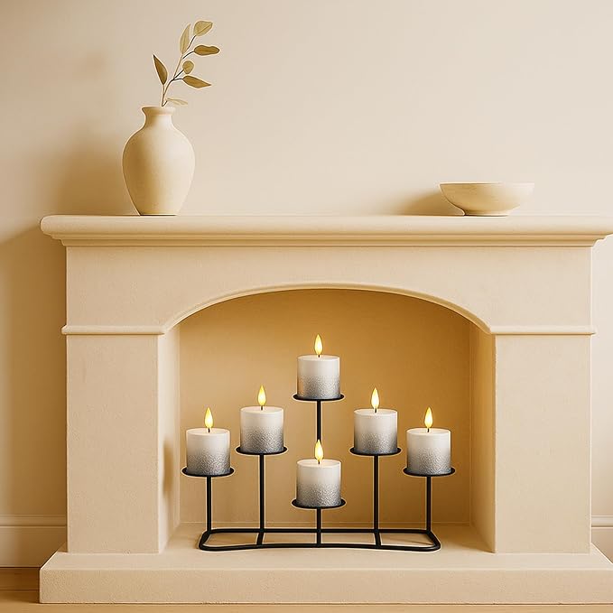 Smtyle Fireplace Christmas Candelabra Candle Holder - Black Matte Geometric Multi Tier Design, Stable Base, Perfect for Pillar Candles, Modern Minimalist Home Decor Accent
