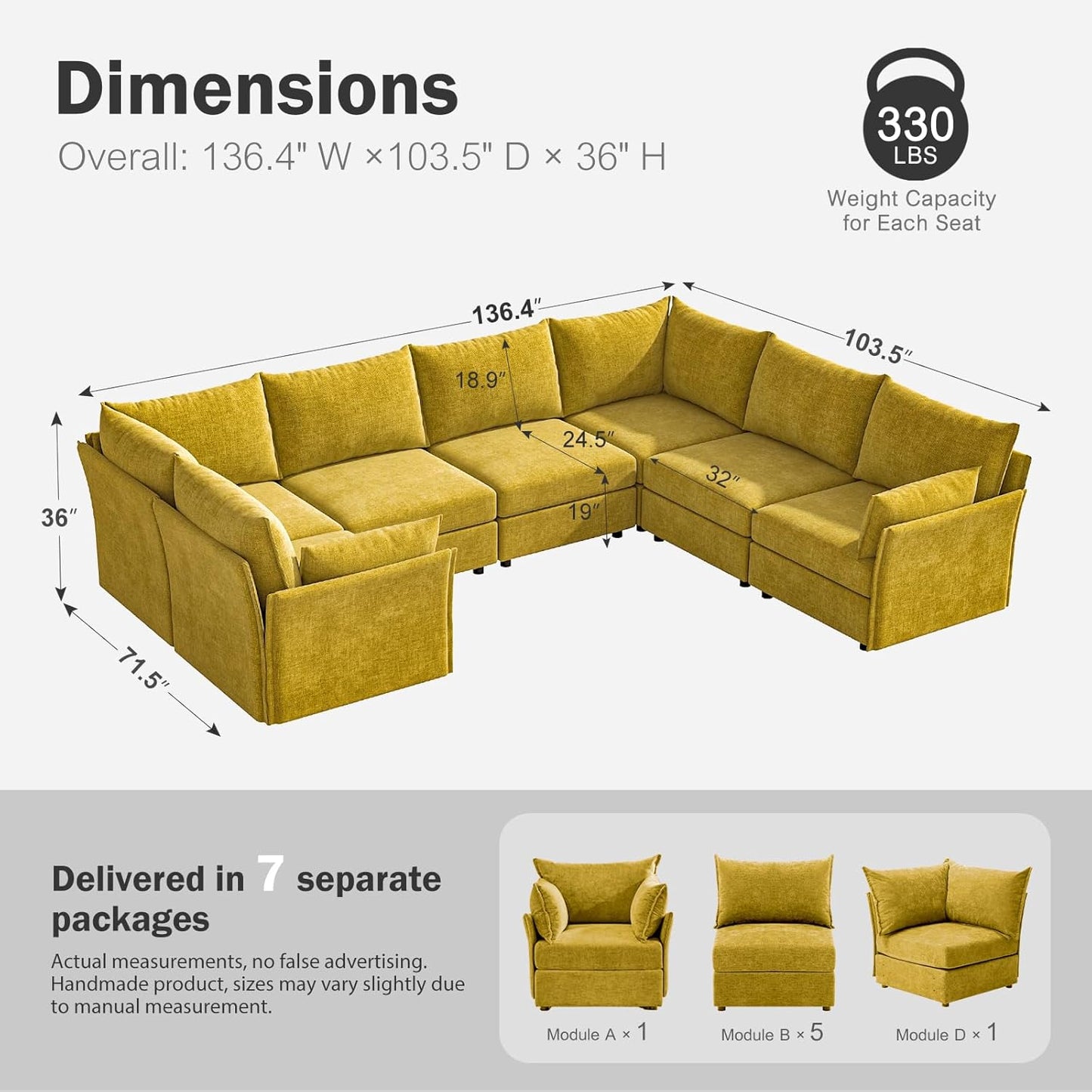 136.4" Oversized Modular Sectional Sofa, U Shaped Convertible Couch with Movable Ottoman, Large 7 Seat Corner Couches for Living Room Deep Seat Yellow Chenille