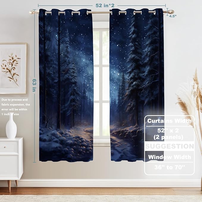 Shrahala Winter New Year Blackout Window Curtains, Stars Forests Snow Night Thermal Insulated Curtains Grommet Long Drapes for Bedroom,Living Room (2 Panels, 52 x 63 in)