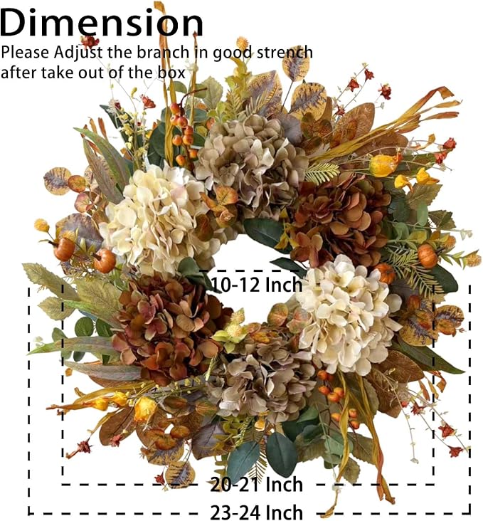 WANNA-CUL 24 Inch Fall Wreaths for Front Door with Hydrangea,Mini Pumpkins | Twig Base Rustic Autumn Wreath,Thanksgiving Farmhouse Decor, Fall Decorations For Home, Indoor Outdoor Halloween Harvest Gift