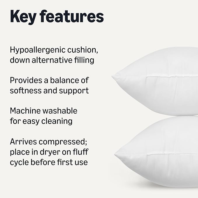 Amazon Basics Square Hypoallergenic Pillow Insert, Sofa Bed Couch Decorative Stuffer, 18 inch, Machine Washable, Compressed, Soft, 4-Pack