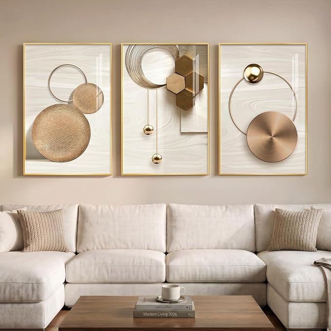 Large Framed Modern Luxury Gold Wall Art for Living Room, 3 Piece Bright Style Art Prints Paintings Artwork for Walls, Bronze Gold Geometric Pictures for Hallway Stair Office Wall Decor 24x36 In