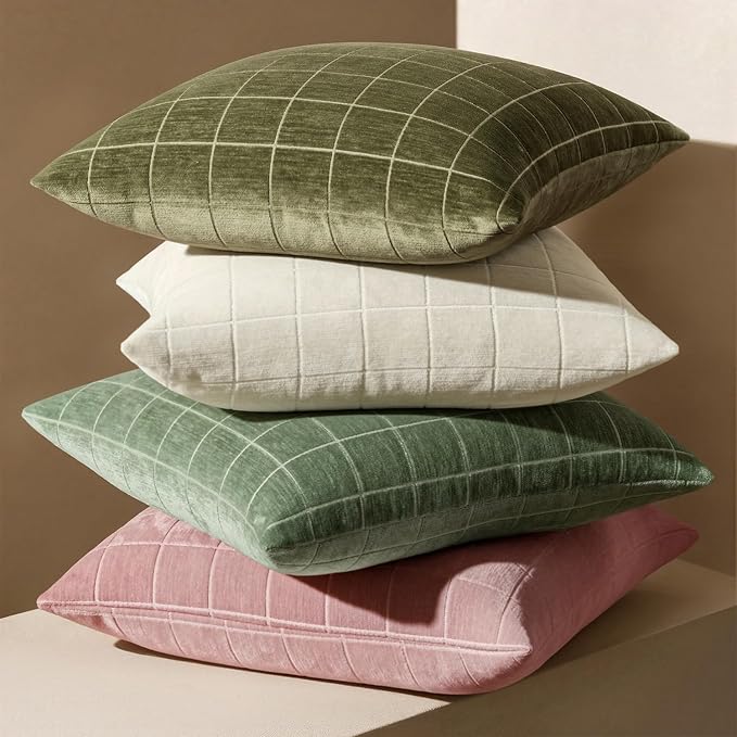MIULEE Olive Green Plaid Decorative Throw Pillow Covers 18x18 Set of 2 | Vintage Check Chenille Couch Pillows Neutral Boho Farmhouse Cushion Covers Modern Home Decor for Sofa Bed Living Room