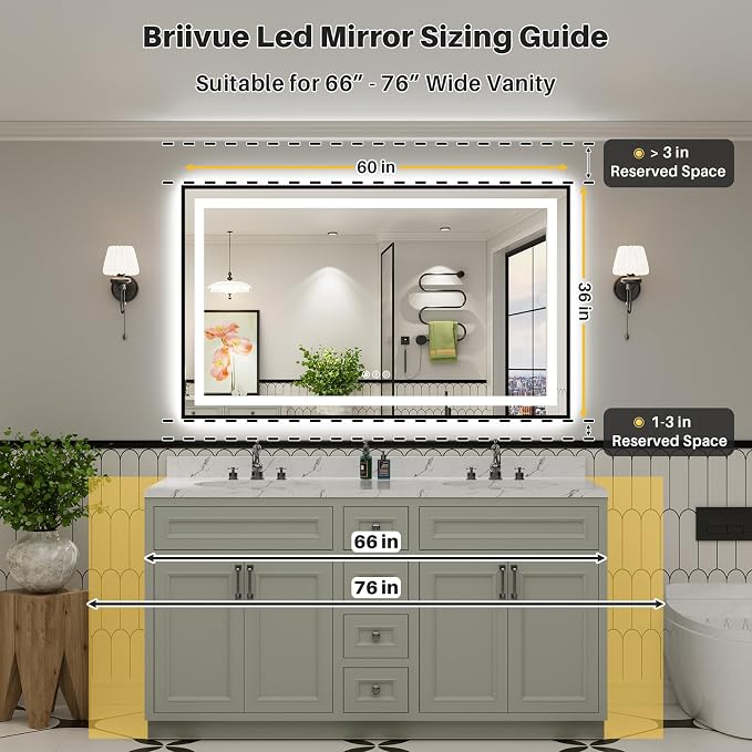 60x36 Inch LED Bathroom Mirror with Black Frame, Backlit & Front Lit, Anti-Fog Lighted Bathroom Vanity Mirror for Wall, Memory Function, Dimmable, HD Tempered Glass, Shatter-Proof