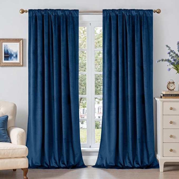 BGment Blue Velvet Curtains 96 Inches for Living Room, Thermal Insulated Blackout Curtains Room Darkening Drapes with Back Tab and Rod Pocket for Bedroom, Set of 2 Panels, 52 x 96 Inch