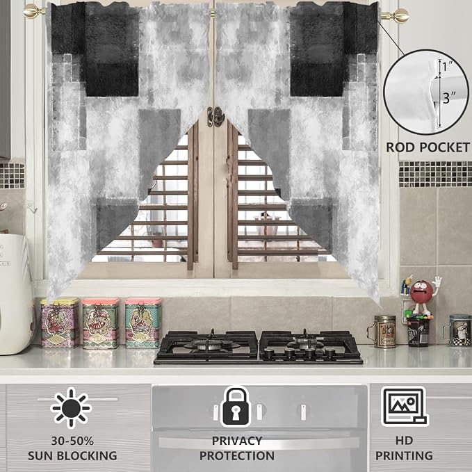 AAtter Black Grey Kitchen Valance Curtain for Window Gray Abstract Dark White Cool Ombre Small Short Swag Topper Bathroom Living Room Bedroom Rod Pocket Drapes Fabric 1 Pair, 28" W x 36" L, Geometric