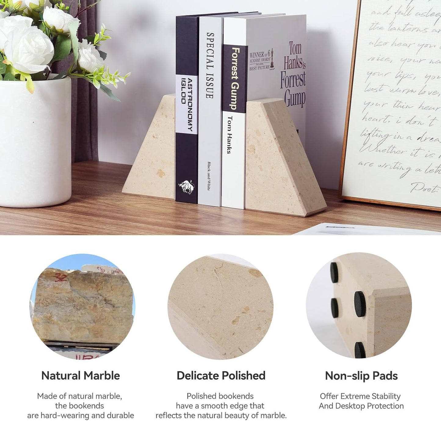 Marble Bookends for Heavy Books, Decorative Book Ends for Shelves, Beige Stone Durable and Heavy-Duty Book Ends for Hardback Books & CDS, Unique Book Stopper & Holder, Set of 2