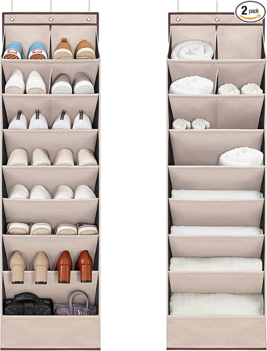 2 Pack Shoe Organizer with 6 Extra Large Pockets and 4 Large Pocket, Over the Door Sturdy Closet Storage Rack, Hanging Shoe Organizer for Shoes, Sneakers, Beige