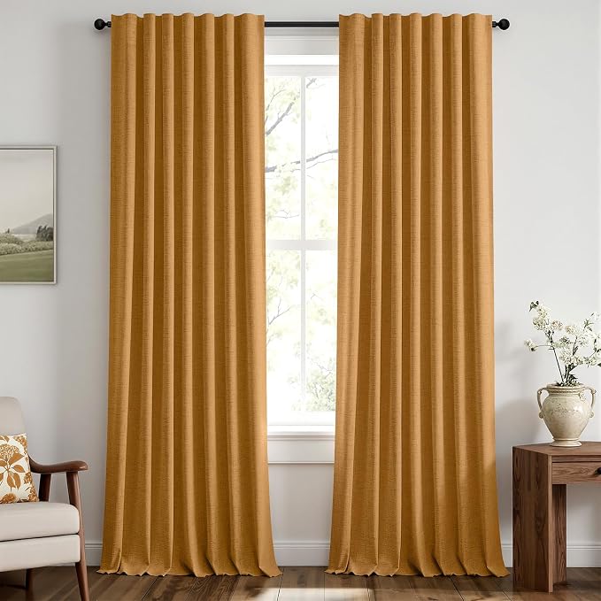 MIULEE 100% Blackout Linen Curtains for Bedroom, Mustard Yellow Solid Luxury Decor Thermal Insulation Room Darkening Drapes for Living Room Back Tab Rod Pocket 42 x 96 Inches, 2 Panels