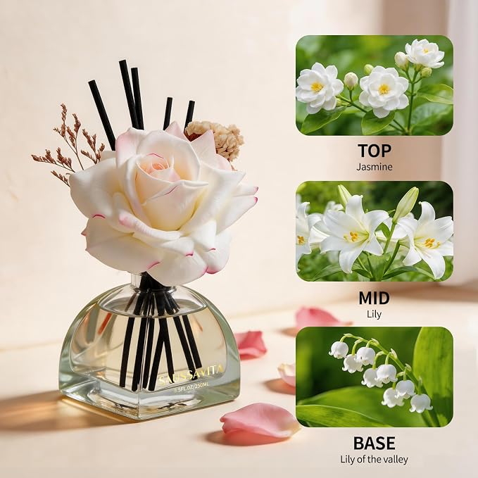 Reed Diffusers Set Jasmine&Lily Scented Diffuser for 140 Days, Flower Diffuser 8.5 fl oz with Dried Flowers and Decorative Rose, Long Lasting Home Fragrance Bathroom, Shelf, Office Decor