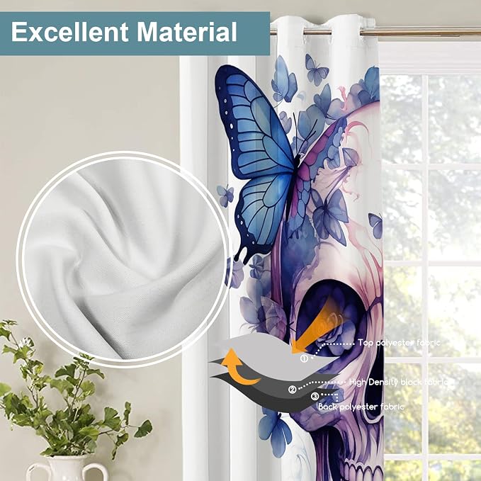 Shrahala Halloween Watercolor Skull Thermal Insulated Blackout Window Curtains, Purple Blue Gothic Butterflies Flowers Long Drapes for Bedroom/Living Room with Plastic Grommet, 52X84 Set of 2