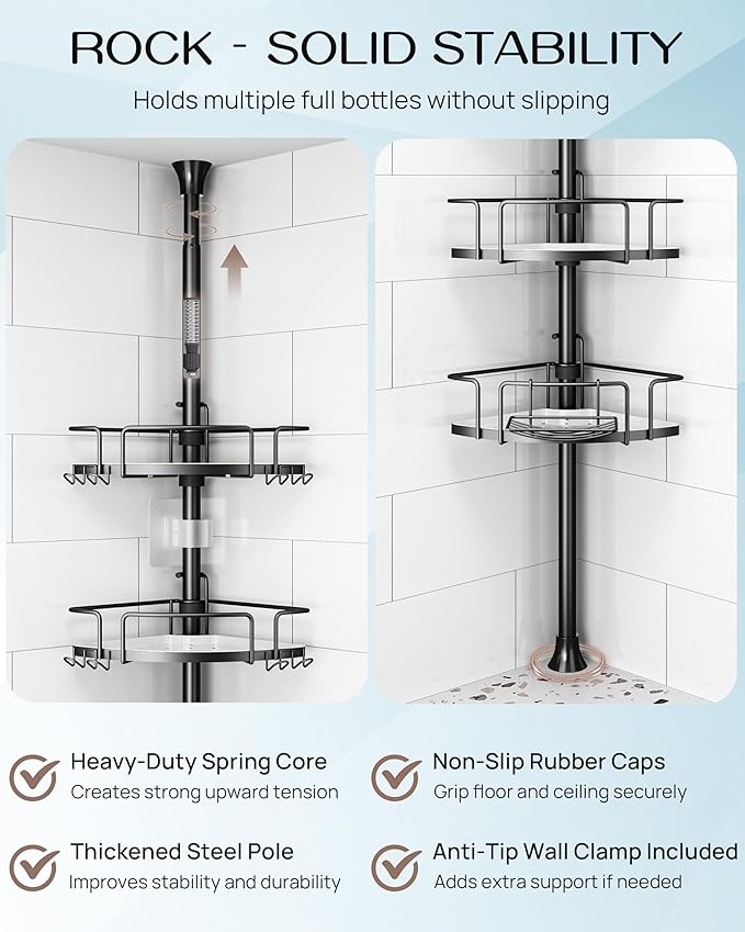 ALLZONE Corner Shower Caddy Tension Pole, 4 Hang-On Basket with Mixed-Height Shelves for Various Bottle Sizes, Extra Hooks & Soap Holder, Rustproof Stainless Steel, Fits 34–116 Inch, Black/White