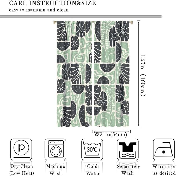 JESTRONRY Mid Century Boho Curtains, Modern Abstract Abstract Geometric Green Floral Pattern Print Blackout Window Door Curtains for Bedroom Living Room Home Decor 42x63in
