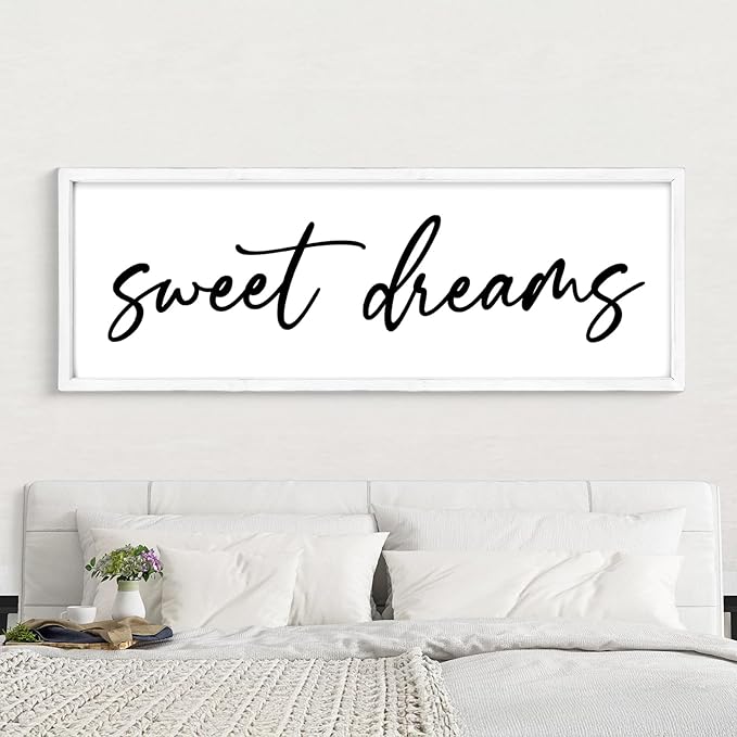 Sweet Dreams Wall Decor Above Bed 42''×15'' Large Bedroom Sign Farmhouse Wood Framed Master Bedroom Guest Room Decoration (White)