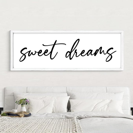 Sweet Dreams Wall Decor Above Bed 42''×15'' Large Bedroom Sign Farmhouse Wood Framed Master Bedroom Guest Room Decoration (White)