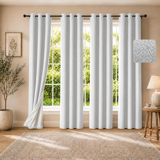 4 Panels 100% Blackout Linen-Textured Curtains, Thick Thermal Insulated Grommet Drapes with Subtle Herringbone Weave, Luxury Decor for Bedroom/Living Room, 37 x 84 Inches, Off-White