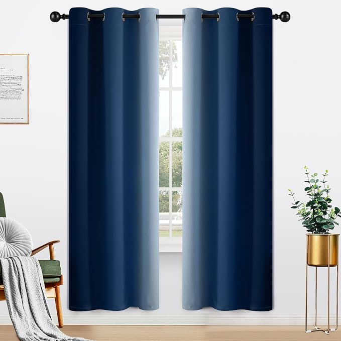 Yakamok Ombre Curtains Blue and Greyish White for Living Room,42Wx72L | Room Darkening Curtains 72,Thermal Insulated Gradient Color Drape,Light Blocking Grommet Window Curtains for Bedroom,2 Panels