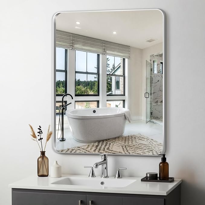 Delma Bathroom Vanity Mirror, Black Framed Bathroom Mirror for Over Sink, High-Definition Bathroom Mirror, Versatile Bathroom Vanity Mirror, Hangs Horizontally or Vertically(36x30, Silver)
