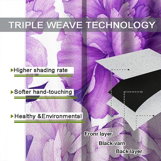 Floral Blackout Window Curtain Purple Blooming Flowers Style Print for Home Kitchen Livingroom Coffee Room Curtains Drapes 2 Panels 42x63in