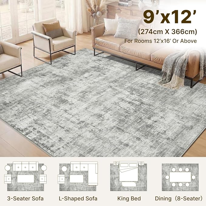 9x12 Area Rugs Washable Living Room Rug-No Slip Soft Carpets Modern Abstract Indoor Floor Stain Resistant Large Carpet for Bedroom Dining Room Farmhouse Nursery Home Office Grey