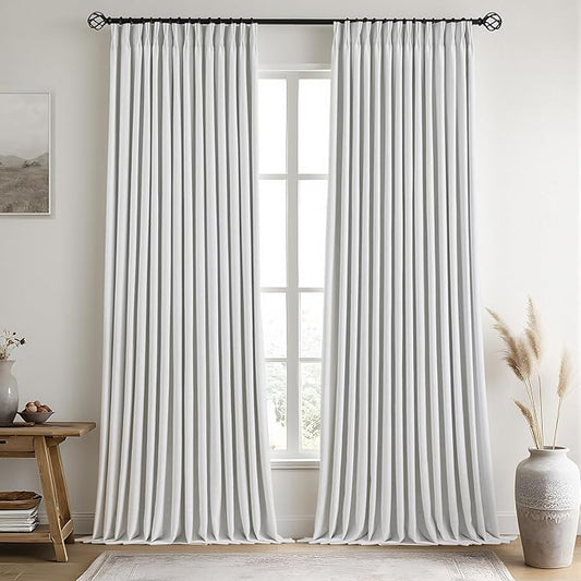 IVAPUPU Linen Pinch Pleated Full Blackout Curtains for Bedroom - 2 Pages Black Out White Curtains 108 Inch Long 2 Panel for Living Room Darkening Thermal Window Curtain Drapes with 16pc Hooks