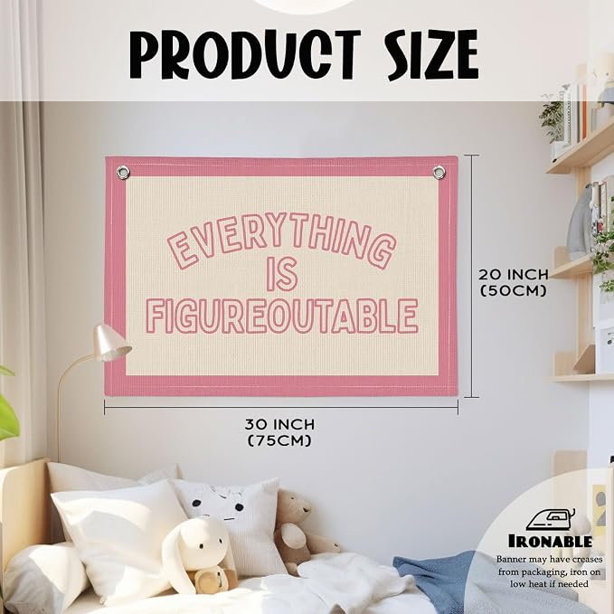 Everything is Figureoutable Inspirational Wall Decor, Motivational Classroom Wall Decor, Classroom Linen Canvas Banner Hanging Flag, 20x30 Inch - Pink Border