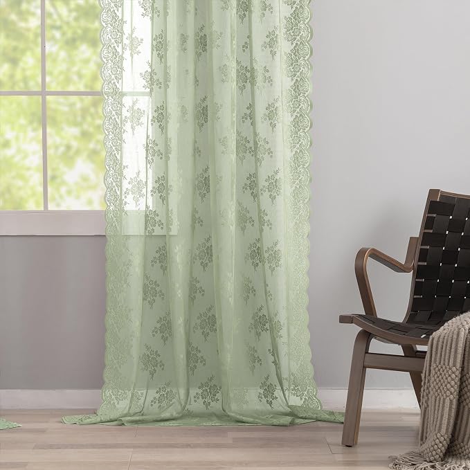 Kotile Extra Long Sage Sheer Curtains, Country Rustic Floral Knitted Green Spring Sheer Curtains 120 Inches Long for Living Room, Rod Pocket Privacy Lace Curtains, 52 x 120 Inch, 2 Panels, Sage Green