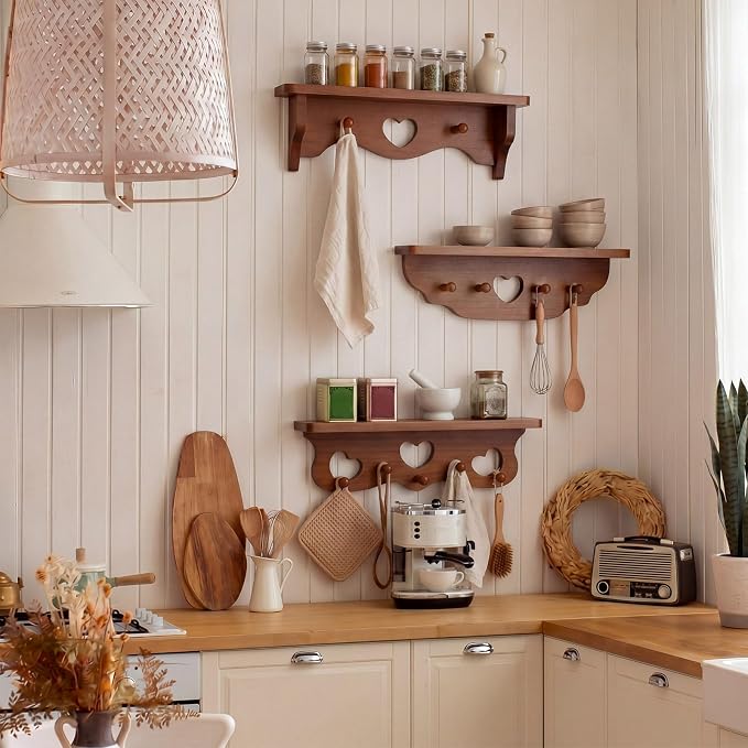 Pinkunn Set of 3 Rustic Wooden Wall Shelves with Heart Cutout and Peg Hooks, Natural Walnut Mounted Storage Display Rack for Entryway Bathroom Bedroom Kitchen Cottage Home Decor