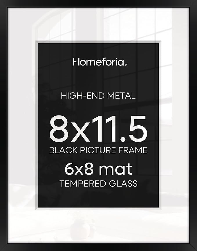 Homeforia Black Picture Frame 8.5 x 11, High End Metal 8.5x11 Poster Frames with Mat 6x8 Photo, 8.5 x 11 Frame Matted to 6 by 8 Art, 8.5by11 Wall or Tabletop Frames, Tempered Glass, Wall Kit, Set of 2