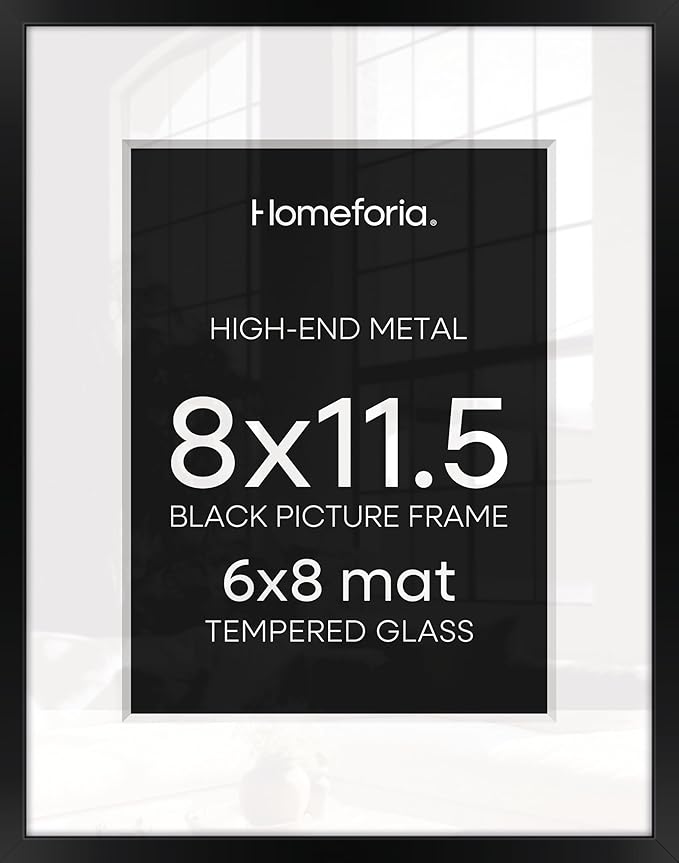 Homeforia Black Picture Frame 8.5 x 11, High End Metal 8.5x11 Poster Frames with Mat 6x8 Photo, 8.5 x 11 Frame Matted to 6 by 8 Art, 8.5by11 Wall or Tabletop Frames, Tempered Glass, Wall Kit, Set of 1