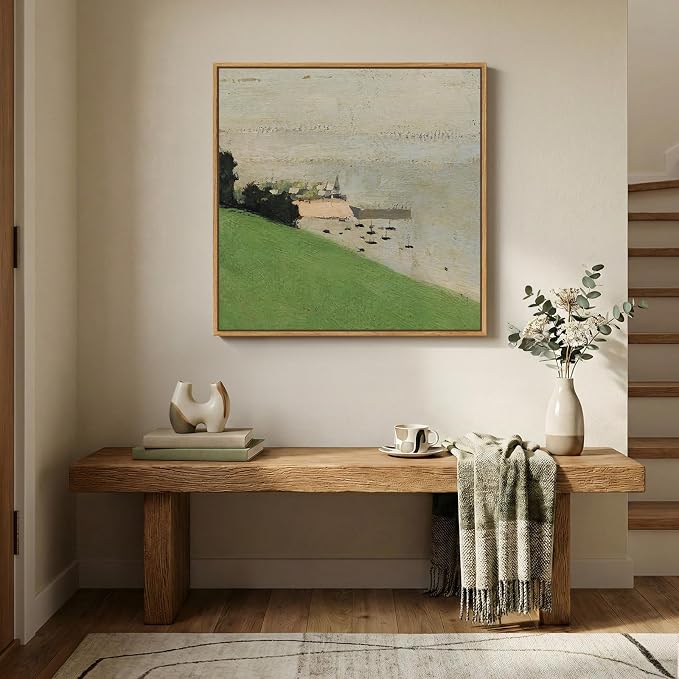 Framed Green Abstract Landscape Wall Art, Modern Minimalist Coastal Canvas Prints Paintings for Walls, Rustic Nature Square Pictures for Living Room Bedroom Dining Room Bathroom Wall Decor, 24x24 In