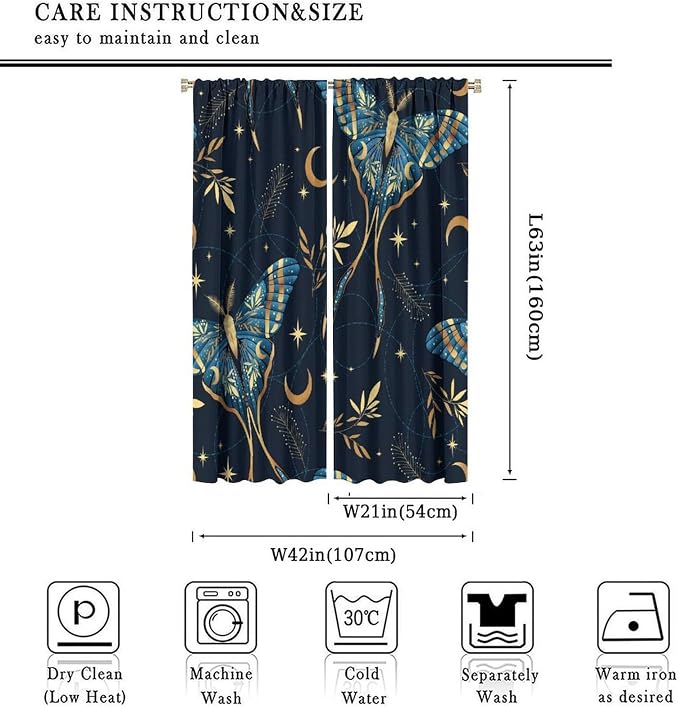 Witchy Curtains, Goth Curtains, Moth Decor, Star Curtains, Moth Curtains Darkening Curtains Botanical Curtains for Bedroom Living Room W42xL63 Inch
