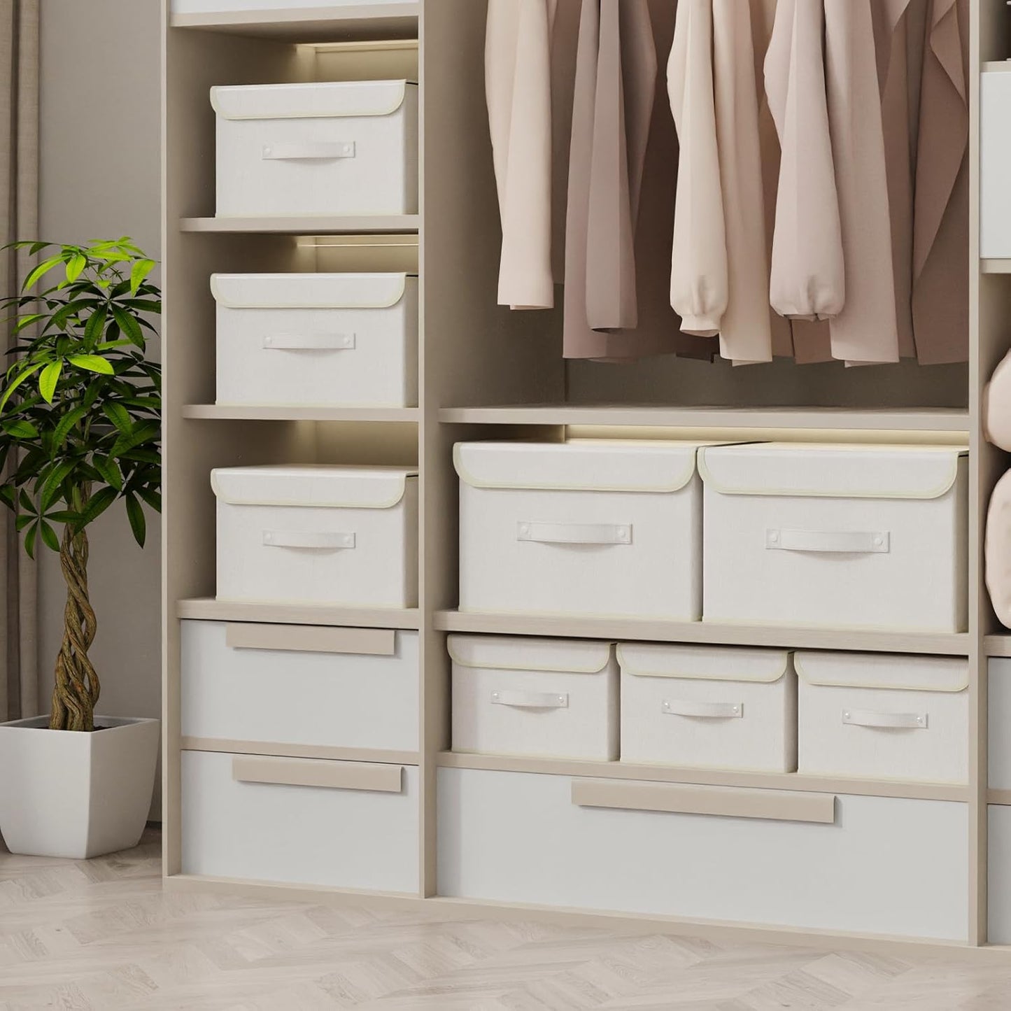 Fabric Storage Bins Cube Organizers with Flip-Top Lid and Handles,Storage Boxes for Organizing Home,Office,and Closet,Beige,3 Pack 13 X 9.1 X 7.9 in