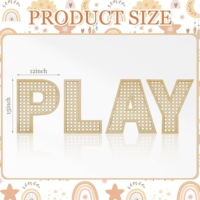 GlikCeil Playroom Decor Rattan Letters Set 12 x 15 Boho Wall Signs for Bedroom Large Wooden Rattan Letters for Toddler Girls Boys Playroom Art Nursery Room Decorations(Play)