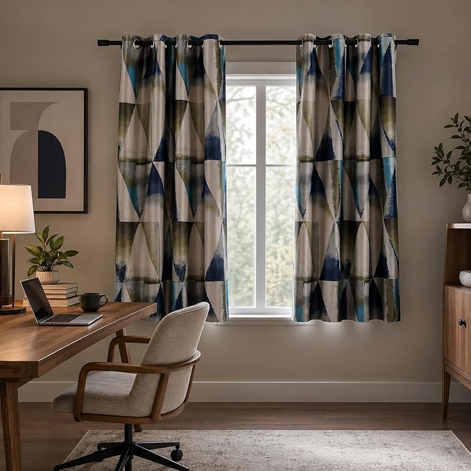 Leeva Heavy Curtains and Drapes for Patio and Office, Grommet Top Vintage Blue Geometric Print Windows Treatment Room Darkening Curtain for Bedroom, 2 Panels, 52x63