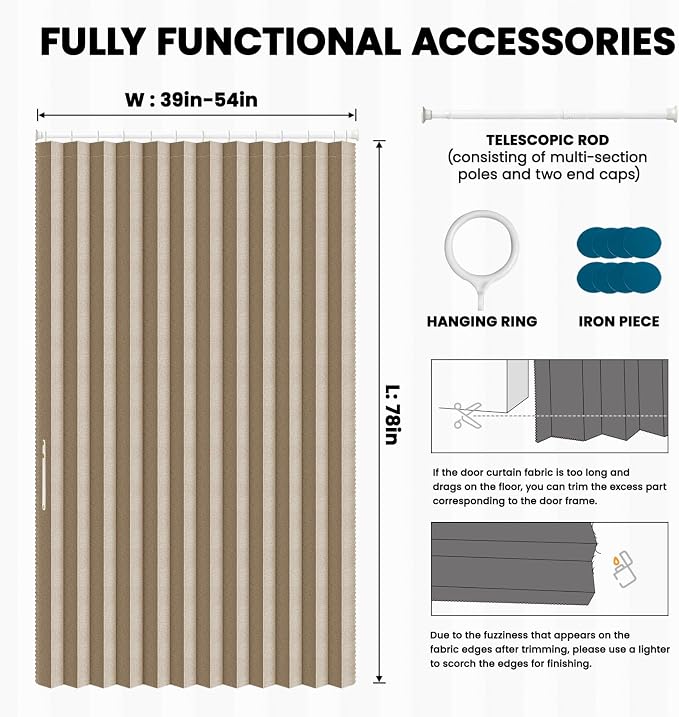 AJAZZ Blackout Door Curtains 78 Inches Long Sets Included Rod (1 Pack, Brown, 54 x 78 Inch) for Doorways and Closets, Thermal Insulated Temporary Room Dividers