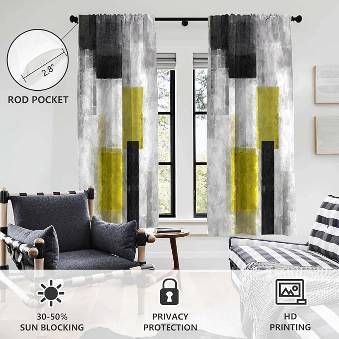 AAtter Yellow Window Curtain Black and White Grey Gray Abstract Modern Dark Mustard Aesthetic Mens Pastel Living Room Bedroom Rod Pocket Drapes Treatment Fabric 1 Pair Home Decor, 42" W x 63" L, Art