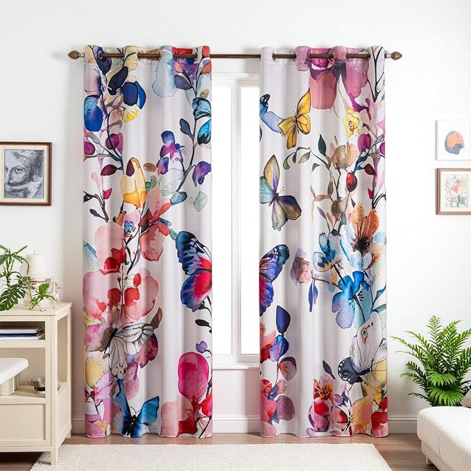 Pink Floral 100% Blackout Curtains 63 inch Length 2 Panels Black Out Drapes Colorful Butterfly Vintage Flower Pattern Thermal Insulated Window Treatment Curtain for Bedroom Living Room 52 x 63 Inch
