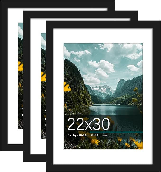 Picrit 22x30 Picture Frame 3 Pack, Black Poster Frame, Display Poster 18 x 24 with Mat or 22 x 30 without Mat for Horizontal or Vertical Wall Mounting