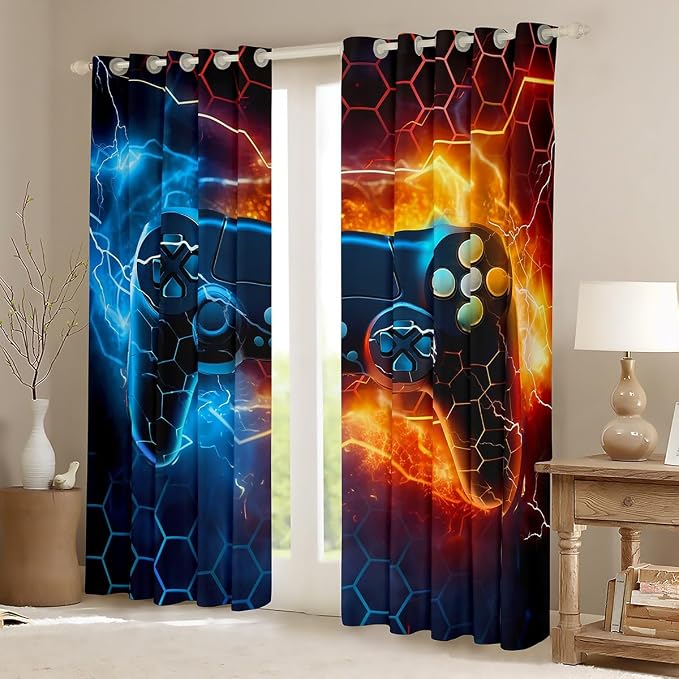 Feelyou Kids Boys Blue Red Gamer Blankout Curtains Honeycomb Gaming Darkening Drapes for Lightning Gamepad Window Curtains Game Room Decor Window Treatments (2 Panels, 52 x 90 Inch)