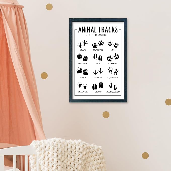 YWJKWLGS Animal Tracks Field Guide Wall Art, 11x16 Framed Kids Room Decor | Wildlife Poster, Rustic Kids Room Decor