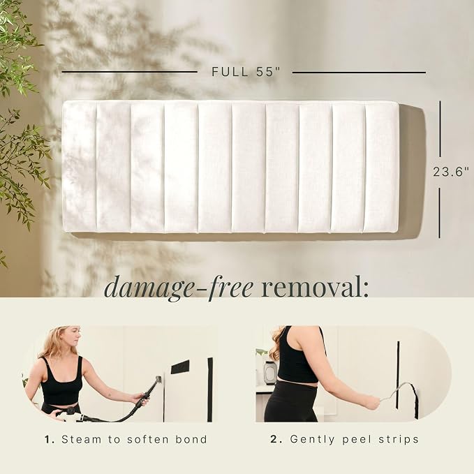 Hearth & Harbor Upholstered Full Headboard - Easy Assemble Channel Stitched Headboard Full Size - Wall Mounted Headboards with 3D Soundproof Wall Panels Peel & Stick Floating Headboards, Off White