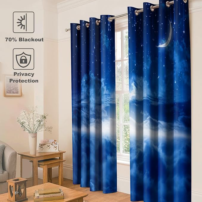 Jekeno Star Night Sky Blackout Curtains Moon and Foggy Clouds Landscape Theme Print Decor Home Bedroom Living Room Darkening Grommet Window Drapes 2 Panel Set, Blue 52"x84"