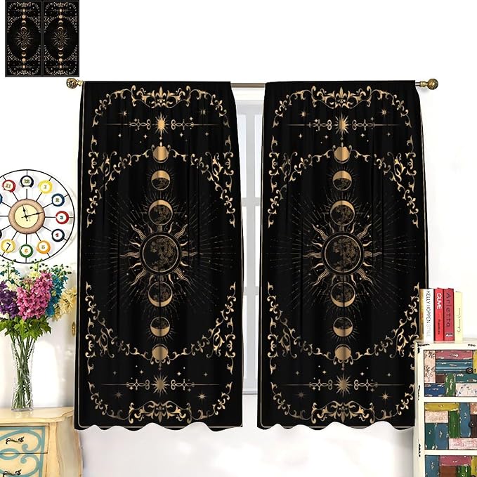 Sun Moon Blackout Curtains, Retro Bohemian Gold Sun Moon Stars Magic Art Window Treatment Drapes for Bedroom Living Room 42" W X 45" L