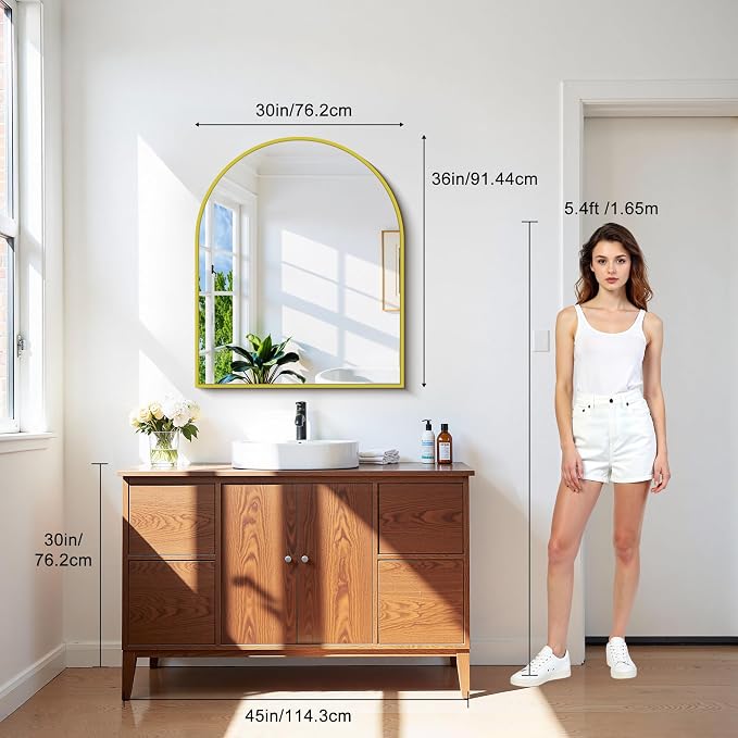 CIRCUMI Arched Wall Mirror, 30"x36" Gold Arched Mirror with Tempered Glass, Metal Frame, Large Size for Bathroom, Living Room,Entryway,Over Sink, Arch Mirror for Decor,Shatterproof&Crystal-Clear