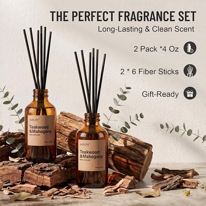 Auelife Reed Diffuser Set, Teakwood & Mahogany 2 Pack 8 Fl Oz Scented Diffuser with Fiber Sticks, Home Fragrance Reed Diffuser for Bathroom Decor, Bedroom, Office & Housewarming Gift