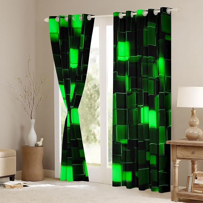 Castle Fairy 3D Green Block Window Curtain | Video Games Window Drapes for Kids Bedroom Decor,Miners Gaming Blackout Curtains Pixel Geometric Grid Living Room Top 2 Panels,38Wx54L